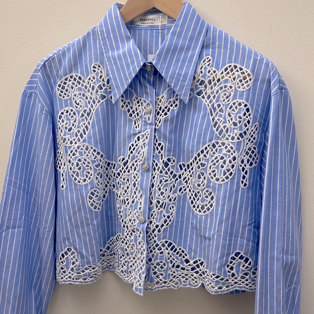 Blue and White Embellished Crop Button Down Shirt